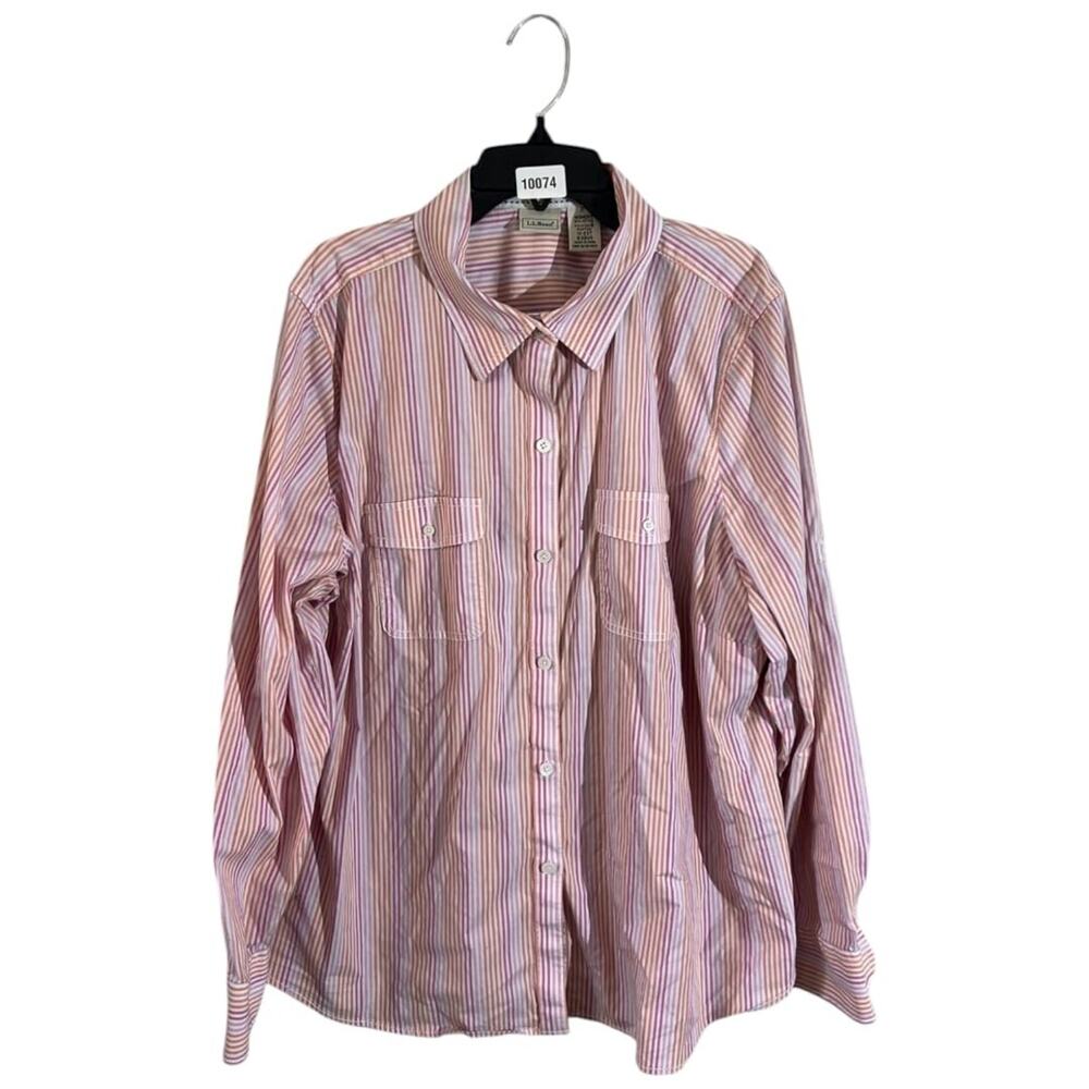 LL Bean Button Up Shirt Womens Size 1X Pink Orange Striped Long Sleeve Stretch